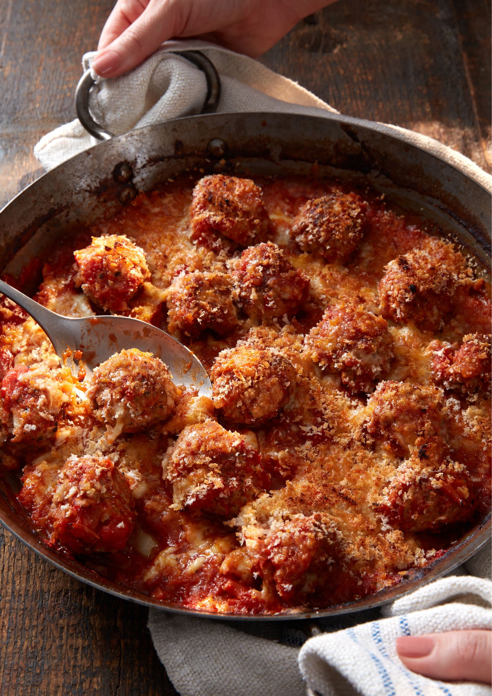 Pork Meatballs with a Cheesy Crumb Topping